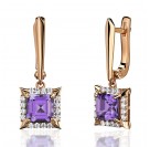 Серьги с аметистом и  фианитом из красного золота 585 пробы