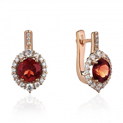 Серьги с гранатом и  фианитом из красного золота 585 пробы фото