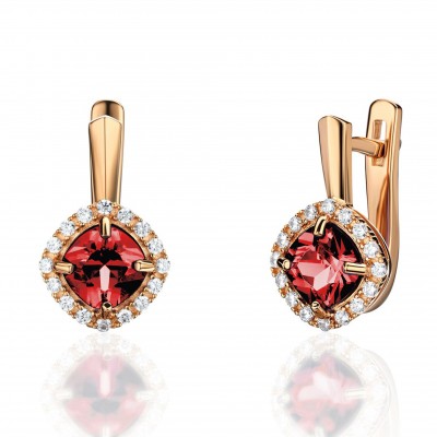 Серьги с гранатом и  фианитом из красного золота 585 пробы фото