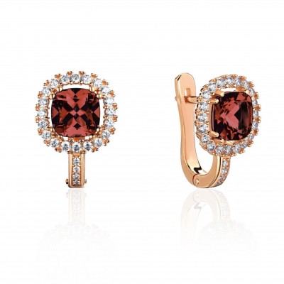 Серьги с гранатом и  фианитом из красного золота 585 пробы фото