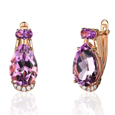 Серьги с аметистом и  фианитом из красного золота 585 пробы фото