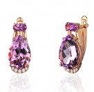 Серьги с аметистом и  фианитом из красного золота 585 пробы