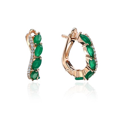 Серьги с агатом и  фианитом из красного золота 585 пробы фото