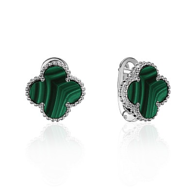 Серьги с малахитом из белого золота 585 пробы фото