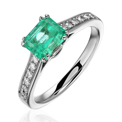 Кольцо с бриллиантом и изумрудом из белого золота 585 пробы фото