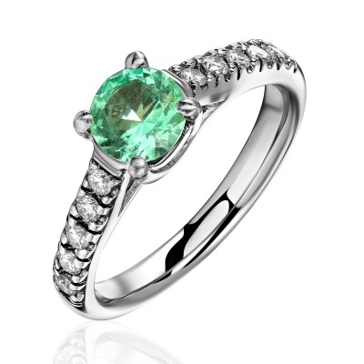 Кольцо с бриллиантом и изумрудом из белого золота 585 пробы фото