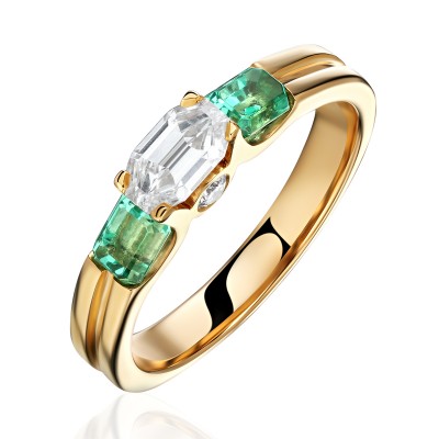 Кольцо с бриллиантом и изумрудом из желтого золота 585 пробы фото