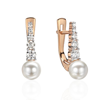 Серьги с жемчугом и  фианитом из красного золота 585 пробы фото