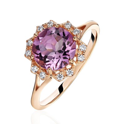Кольцо с аметистом и  фианитом из красного золота 585 пробы фото