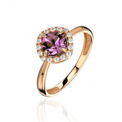Кольцо с аметистом и  фианитом из красного золота 585 пробы фото