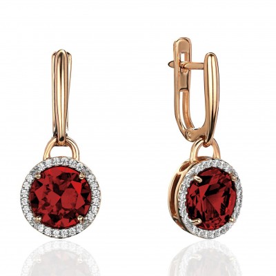 Серьги с гранатом и  фианитом из красного золота 585 пробы фото