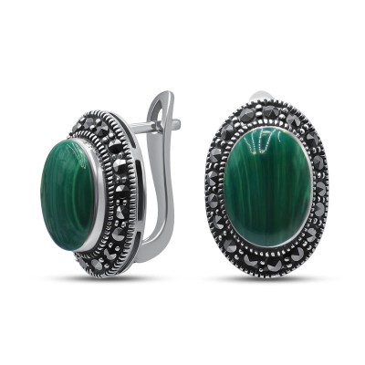 Серьги с марказитом и малахитом из серебра 925 пробы фото