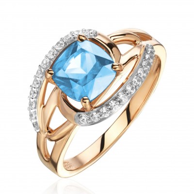 Кольцо с топазом и  фианитом из красного золота 585 пробы фото