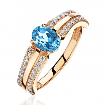 Кольцо с топазом и  фианитом из красного золота 585 пробы фото