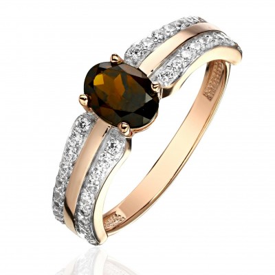 Кольцо с раухтопазом и  фианитом из красного золота 585 пробы фото