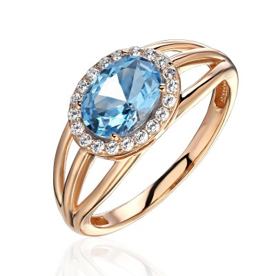 Кольцо с топазом и  фианитом из красного золота 585 пробы фото