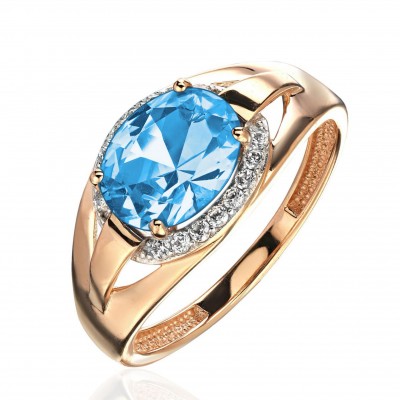 Кольцо с топазом и  фианитом из красного золота 585 пробы фото