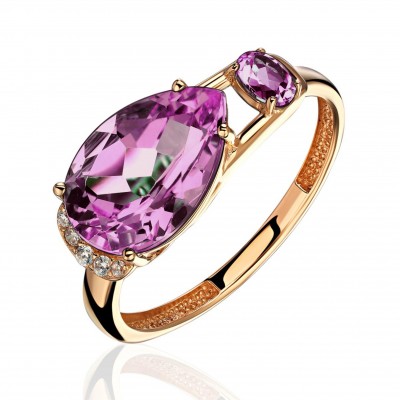 Кольцо с аметистом и  фианитом из красного золота 585 пробы фото