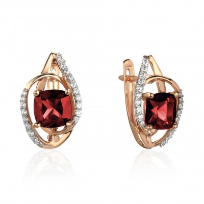 Серьги с гранатом и  фианитом из красного золота 585 пробы фото