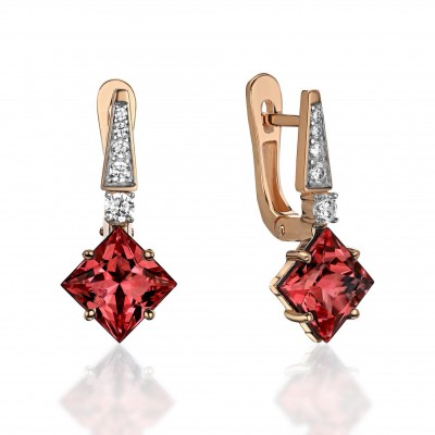Серьги с гранатом и  фианитом из красного золота 585 пробы фото
