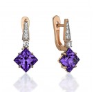 Серьги с аметистом и  фианитом из красного золота 585 пробы