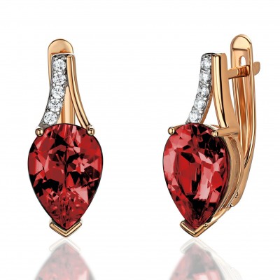 Серьги с гранатом и  фианитом из красного золота 585 пробы фото