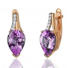 Серьги с аметистом и  фианитом из красного золота 585 пробы