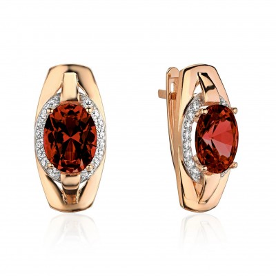 Серьги с гранатом и  фианитом из красного золота 585 пробы фото