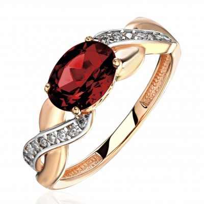 Кольцо с гранатом и  фианитом из красного золота 585 пробы фото