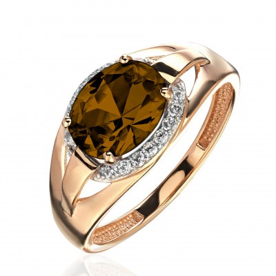 Кольцо с раухтопазом и  фианитом из красного золота 585 пробы фото