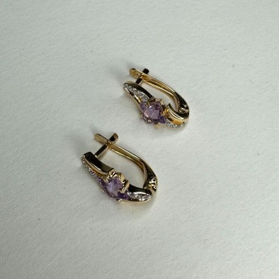 Серьги с аметистом и  фианитом из красного золота 585 пробы фото