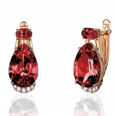 Серьги с гранатом и  фианитом из красного золота 585 пробы фото