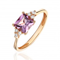 Кольцо с аметистом и  фианитом из красного золота 585 пробы фото