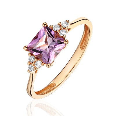 Кольцо с аметистом и  фианитом из красного золота 585 пробы фото