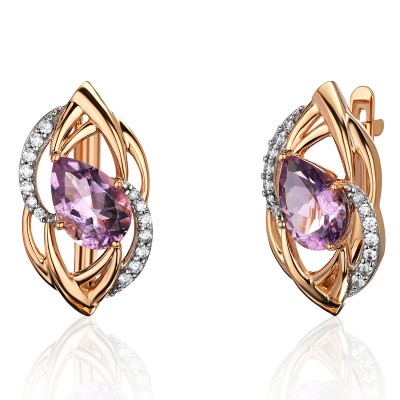 Серьги с аметистом и  фианитом из красного золота 585 пробы фото