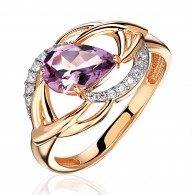 Кольцо с аметистом и  фианитом из красного золота 585 пробы фото