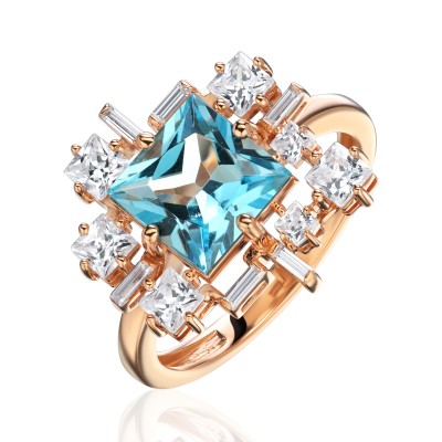 Кольцо с топазом и  фианитом из красного золота 585 пробы фото