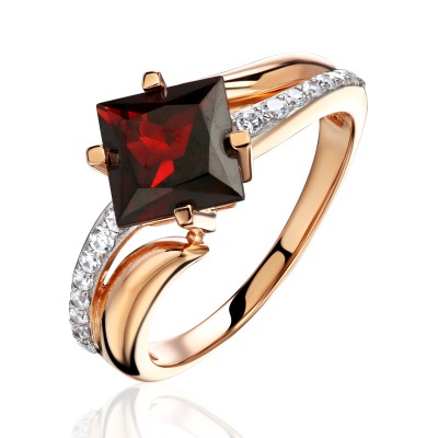 Кольцо с гранатом и  фианитом из красного золота 585 пробы фото