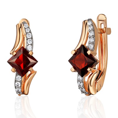 Серьги с гранатом и  фианитом из красного золота 585 пробы фото