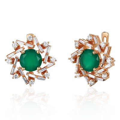 Серьги с агатом и  фианитом из красного золота 585 пробы фото