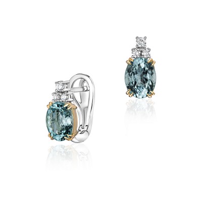Серьги с бриллиантом и аквамарином из комбинированного золота 585 пробы фото