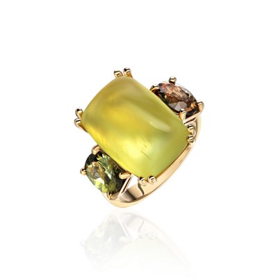 Кольцо с турмалином и Пренит из желтого золота 750 пробы фото