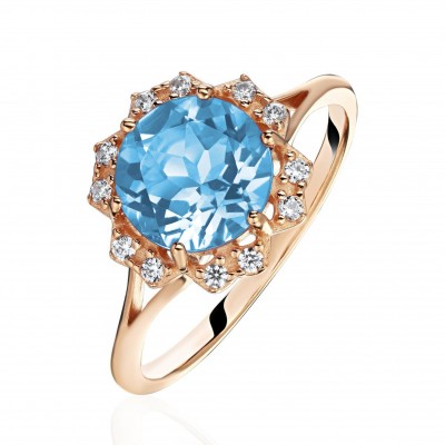 Кольцо с топазом и  фианитом из красного золота 585 пробы фото