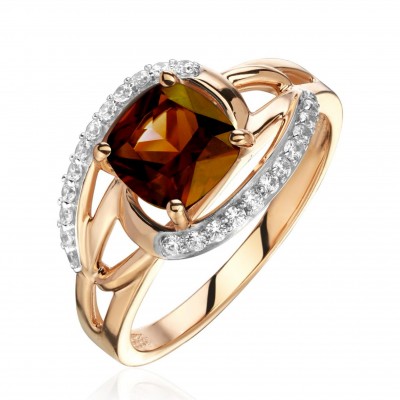 Кольцо с раухтопазом и  фианитом из красного золота 585 пробы фото