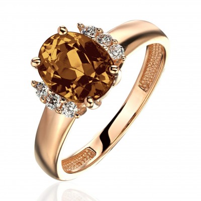 Кольцо с раухтопазом и  фианитом из красного золота 585 пробы фото