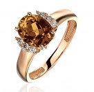 Кольцо с раухтопазом и  фианитом из красного золота 585 пробы