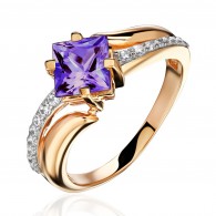 Кольцо с аметистом и  фианитом из красного золота 585 пробы фото