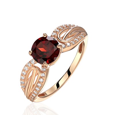 Кольцо с гранатом и  фианитом из красного золота 585 пробы фото