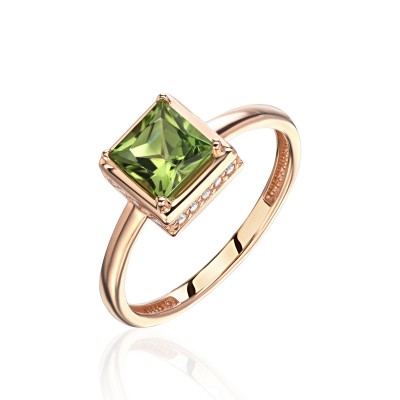 Кольцо с фианитом и хризолитом из красного золота 585 пробы фото