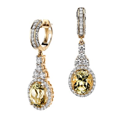 Серьги с кварцем и бриллиантом из желтого золота 750 пробы фото